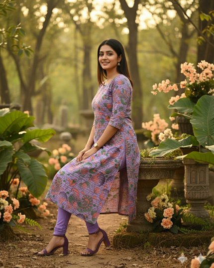 Premium Cotton Straight Cut Kurti – Grape Floral Print Design for Women