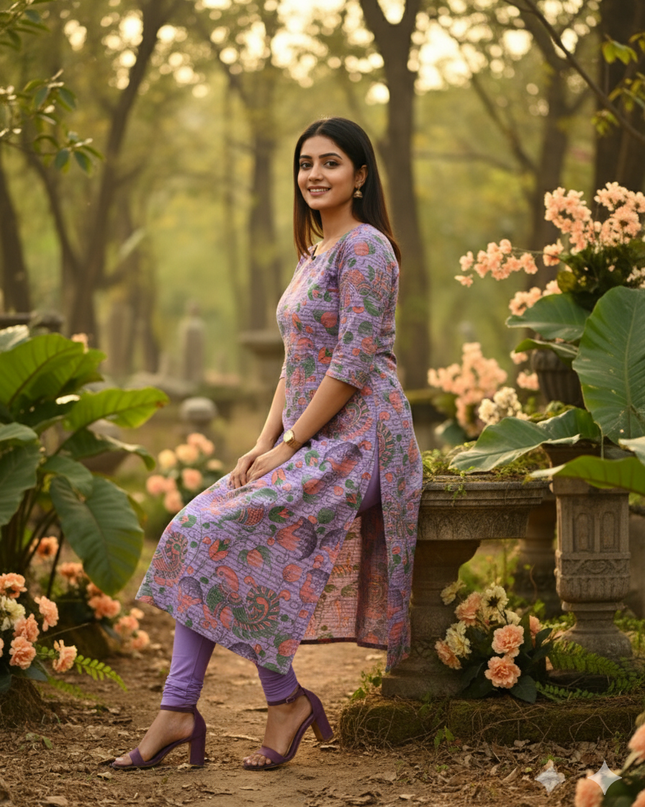 Premium Cotton Straight Cut Kurti – Grape Floral Print Design for Women