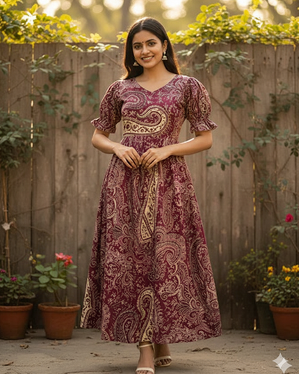 Premium Mul Cotton Frock Wine – Puff Sleeve Design with Knots, Zero Shrinkage