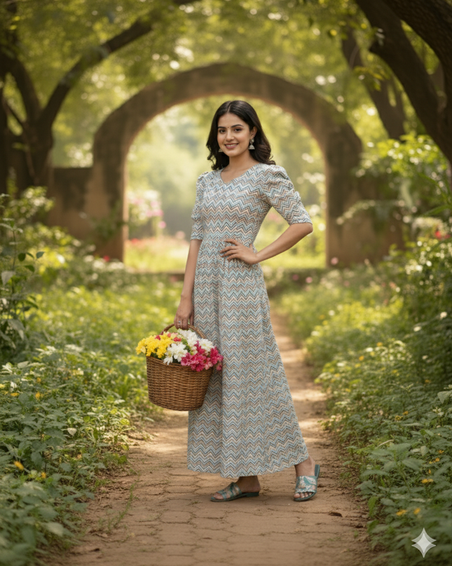 Premium Mul Cotton Frock Grey – Puff Sleeve Design with Knots, Zero Shrinkage