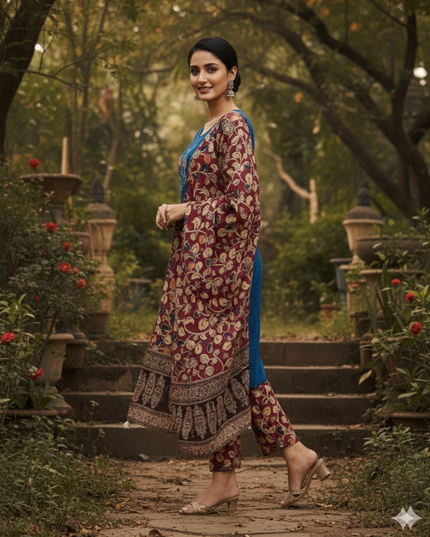 Kalamkari 3pc Set with Embroidery & Mirror Work Skyblue