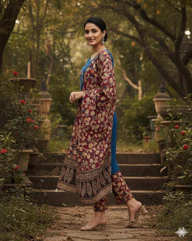 Kalamkari 3pc Set with Embroidery & Mirror Work Skyblue