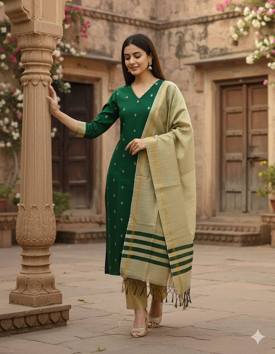 Raw Silk 3pc KurtiSet With Green Colour Full Length Lining | Gold Dupatta