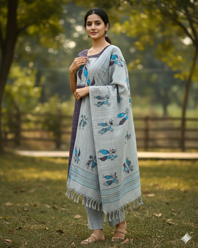 Radha Krishna Cotton Readymade Kurti for Women – Purple Gray Straight Cut with Full-Length Lining