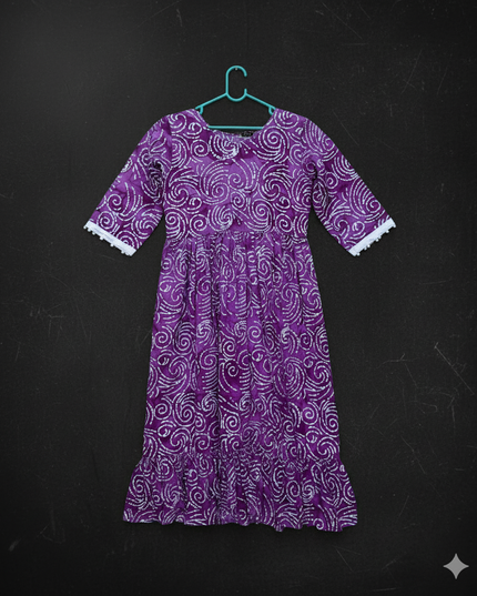 Handmade Batik Frock with Natural Dye – Potli Ball Neck Design Magenta Purple Colour with Half Lining