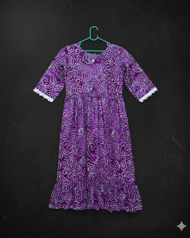 Handmade Batik Frock with Natural Dye – Potli Ball Neck Design Magenta Purple Colour with Half Lining