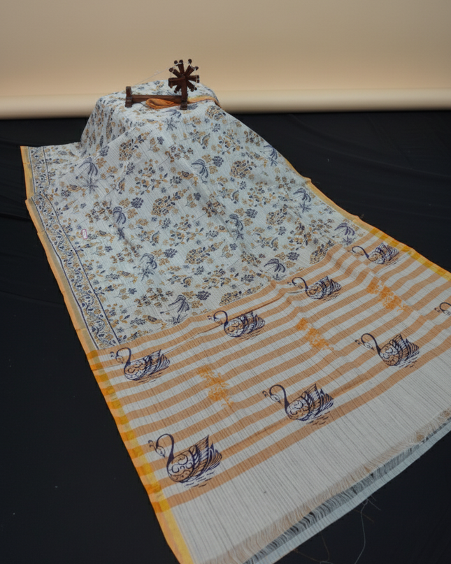 Chirala cotton saree half white shade and printed blouse