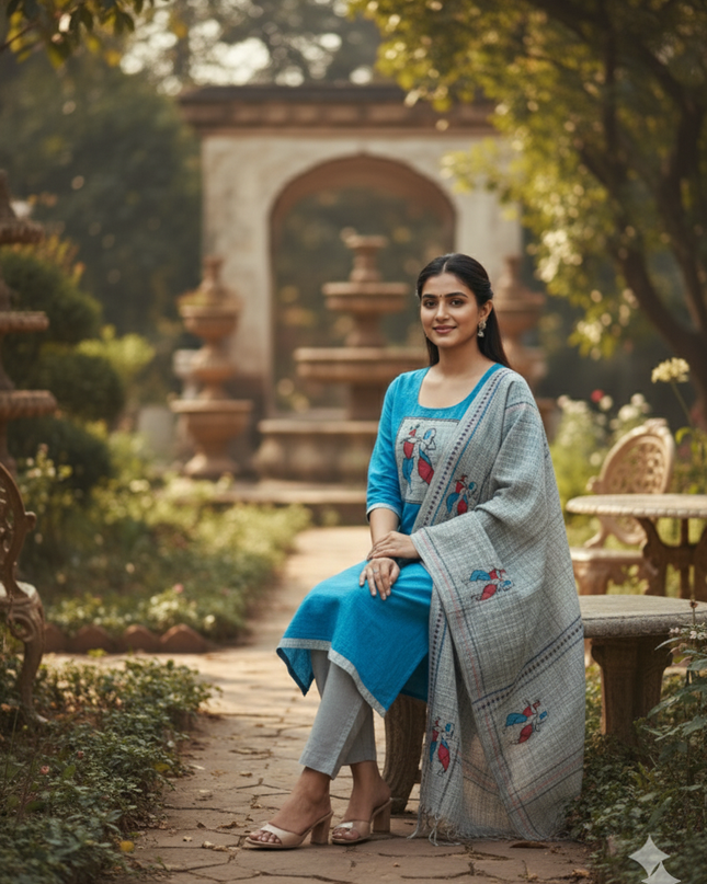 Radha Krishna Printed Cotton Readymade Kurti for Women – Sky Blue Straight Cut Kurti with Full-Length Lining