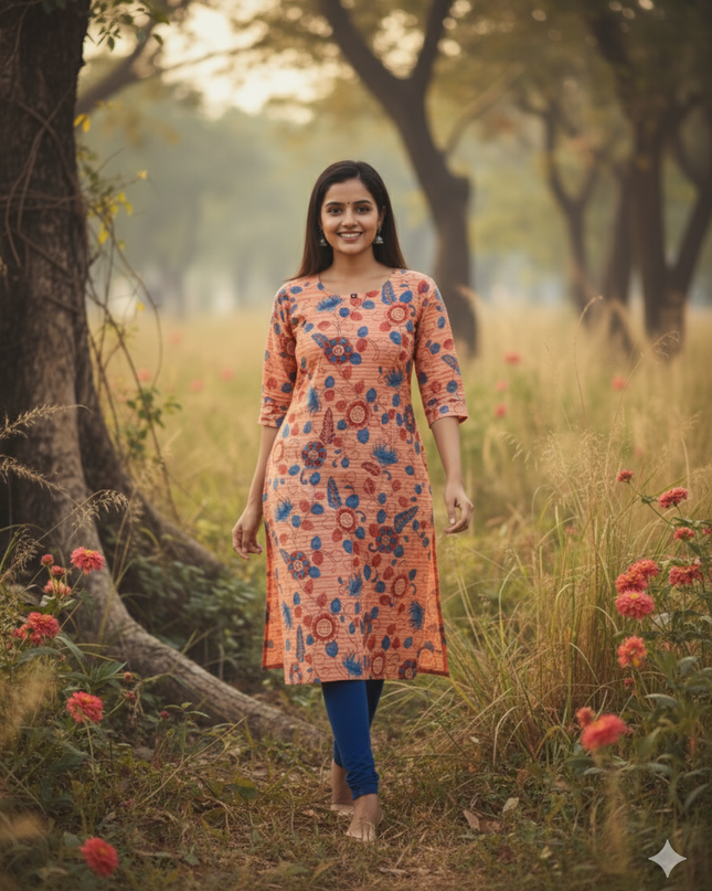 Premium Cotton Straight Cut Kurti Orange – Elegant Floral Print for Women