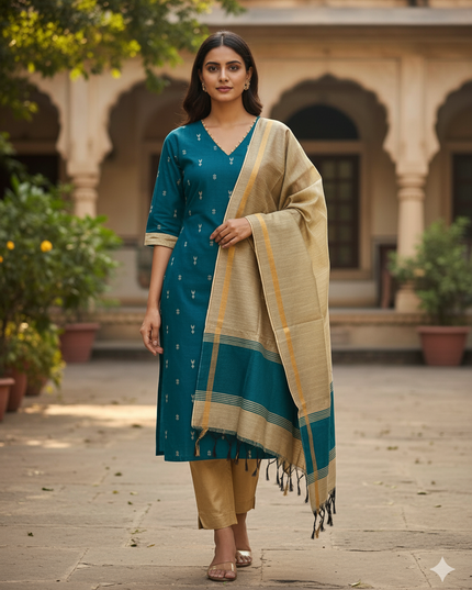 Raw Silk 3pc KurtiSet With Sea Blue Colour Full Length Lining | Gold Dupatta