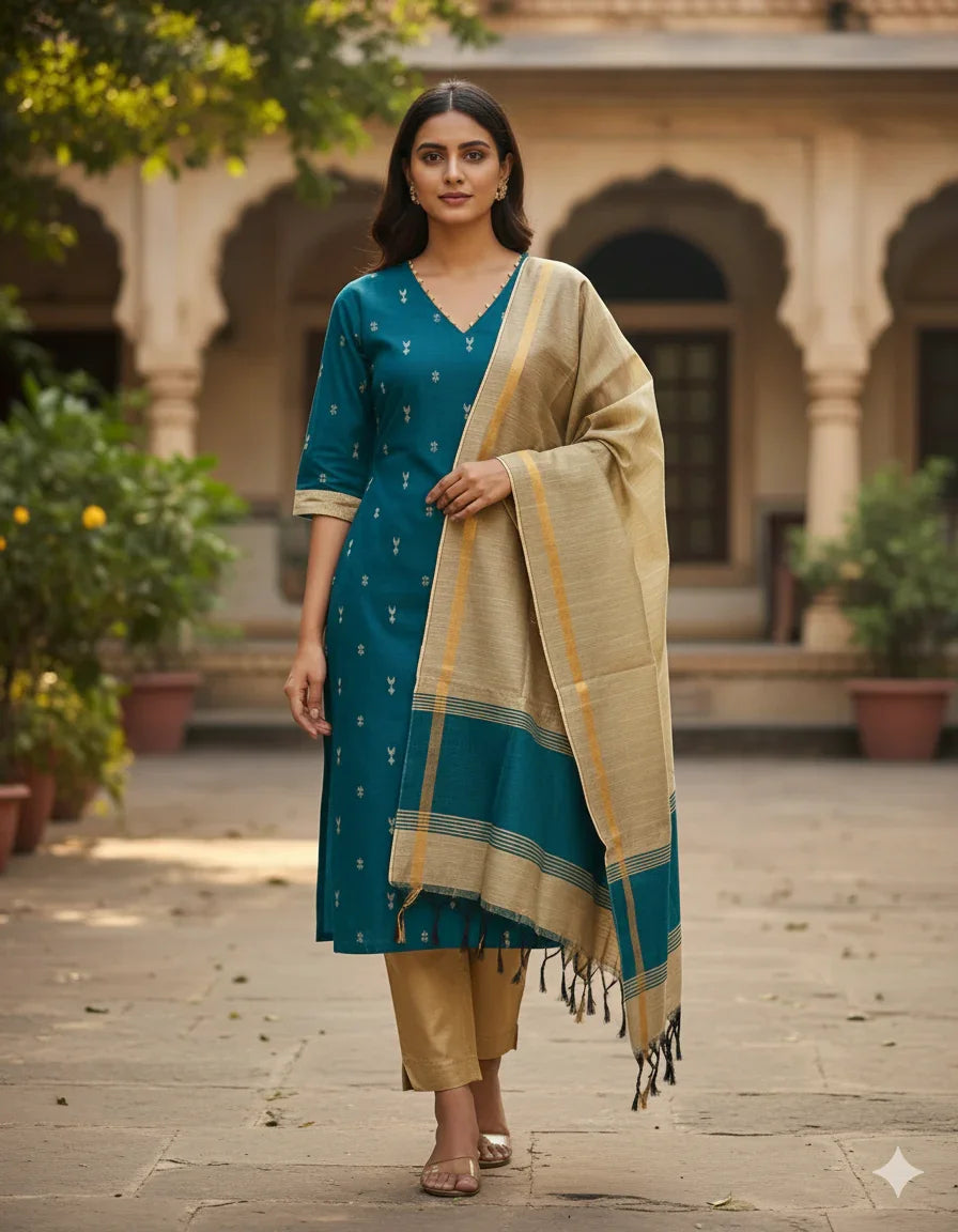 Raw Silk 3pc KurtiSet With Sea Blue Colour Full Length Lining | Gold Dupatta