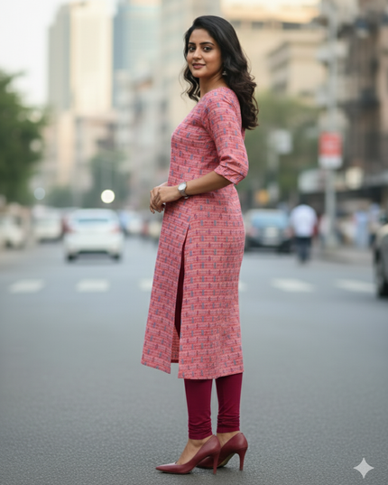 Premium Straight Cut Kurti – Pink Colour with Beautiful Floral Print