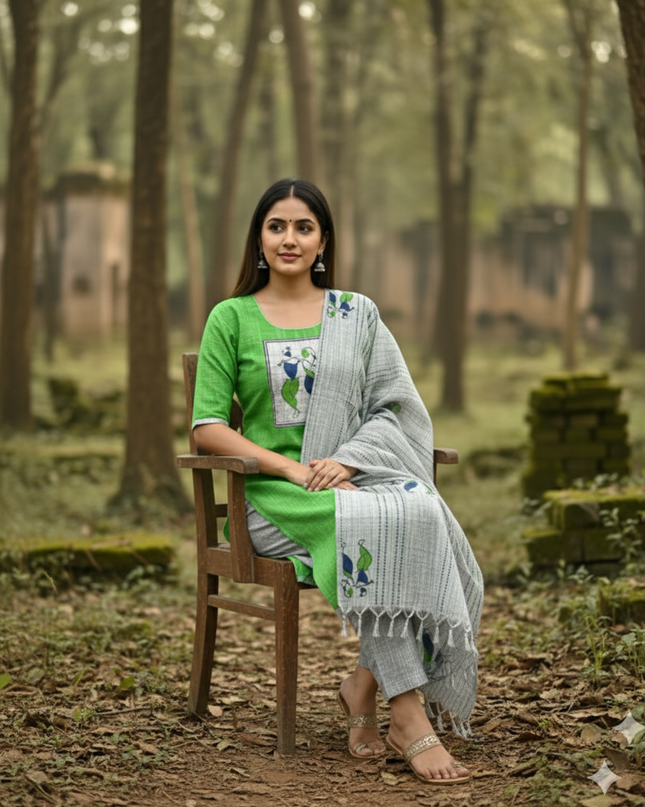 Radha Krishna Cotton Readymade Kurti for Women – Green Straight Cut with Full-Length Lining