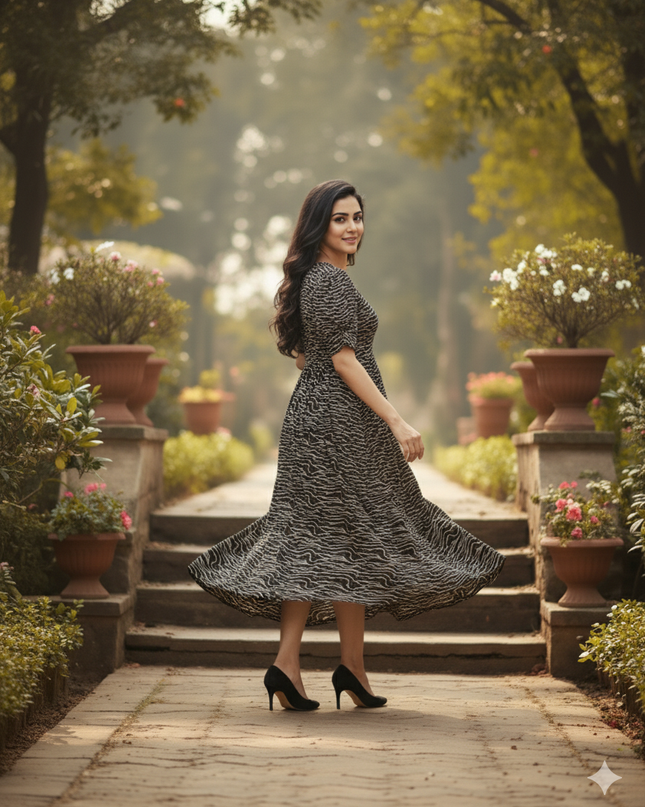 Premium Mul Cotton Frock Black – Puff Sleeve Design with Knots, Zero Shrinkage