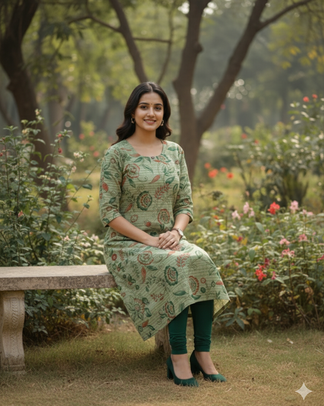 Premium Straight Cut Kurti – Pale Green Colour with Beautiful Floral Print
