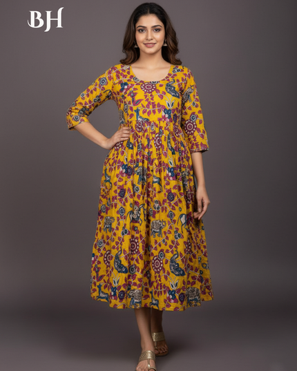 Kalamkari Design Frock – Yellow Colour | Handloom Ethnic Wear with Half Lining