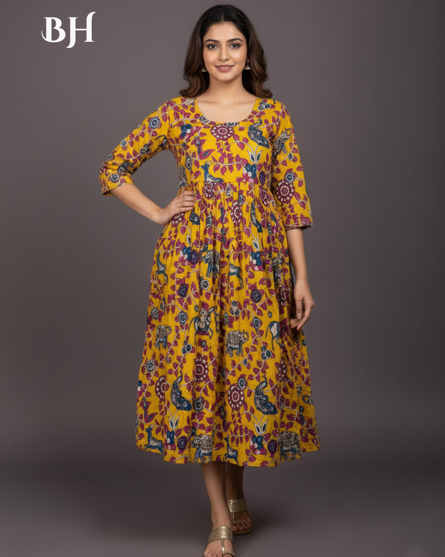 Kalamkari Design Frock – Yellow Colour | Handloom Ethnic Wear with Half Lining
