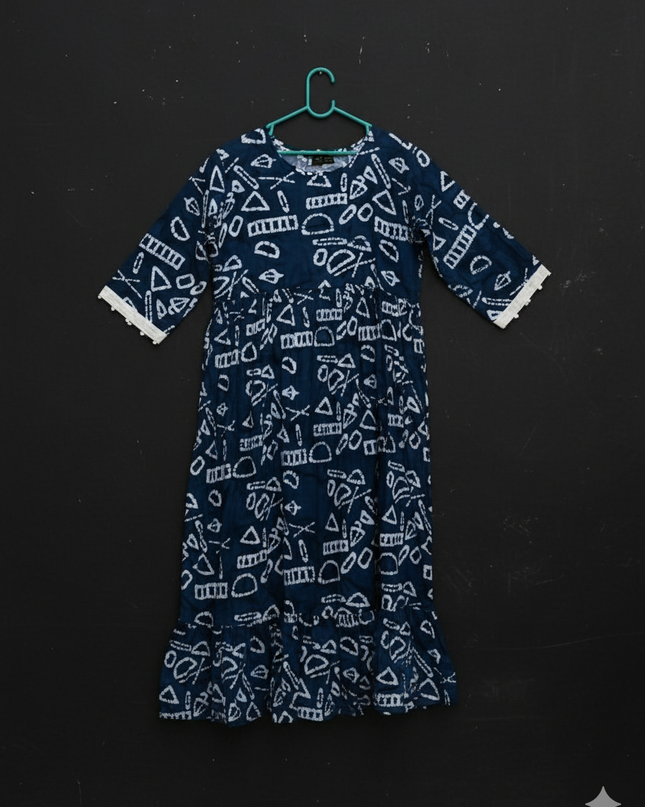 Handmade Batik Frock with Natural Dye – Potli Ball Neck Design Deep Navy Blue Colour with Half Lining