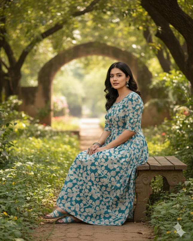 Premium Mul Cotton Frock Sky Blue – Puff Sleeve Design with Knots, Zero Shrinkage