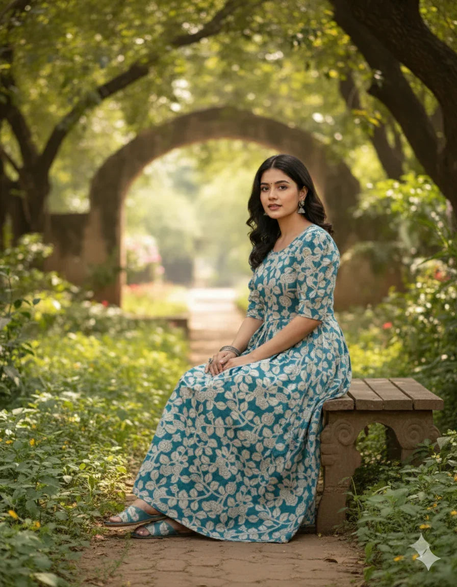 Premium Mul Cotton Frock Sky Blue – Puff Sleeve Design with Knots, Zero Shrinkage
