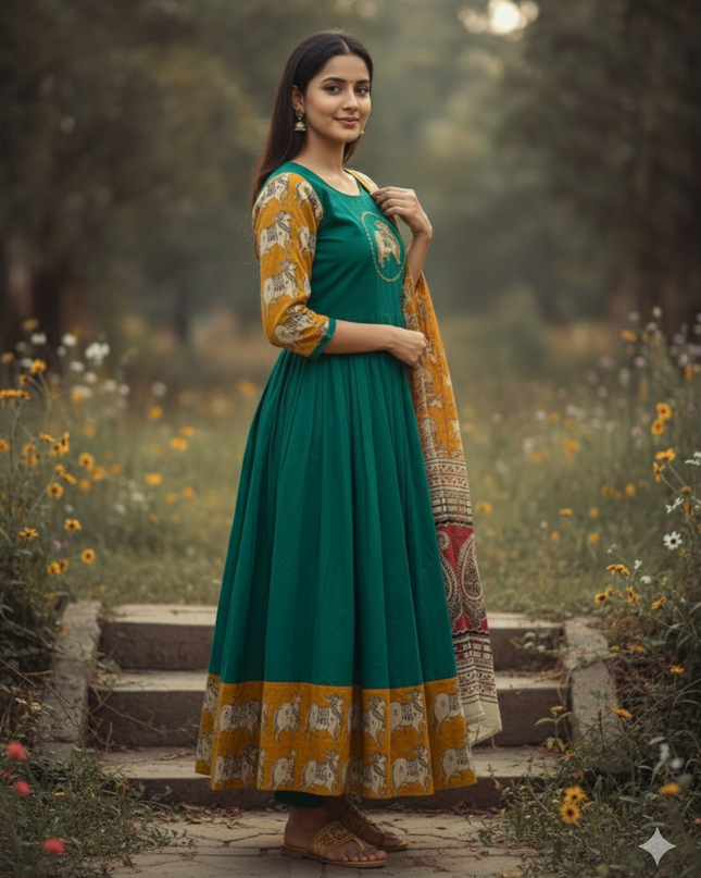 Premium 2-Piece Frock Set Emerald Green Colour – Bhavana Originals Exclusive