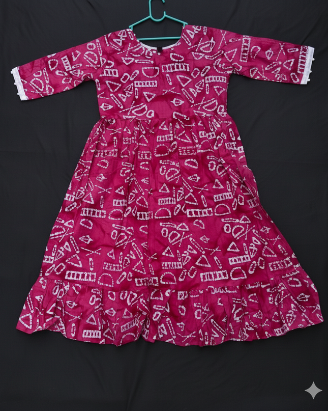 Handmade Batik Frock with Natural Dye – Potli Ball Neck Design Pink Colour with Half Lining