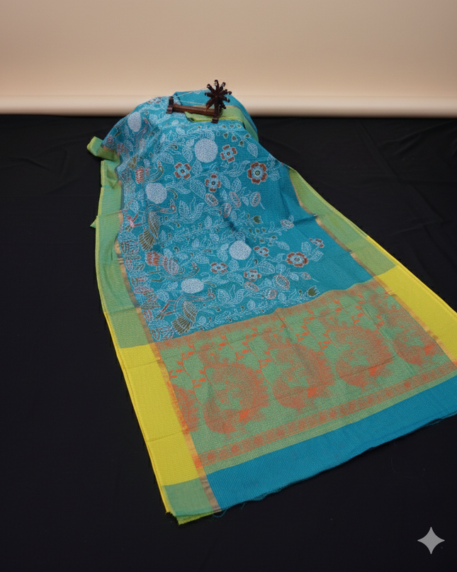 Chirala cotton saree half Blue shade and printed blouse