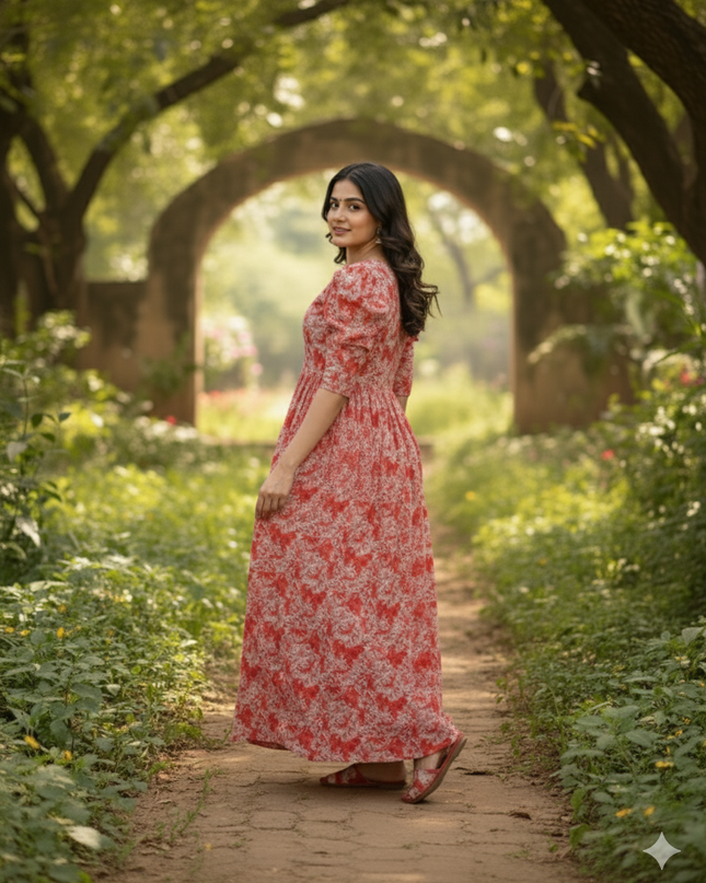 Premium Mul Cotton Frock Brunt Red – Puff Sleeve Design with Knots, Zero Shrinkage