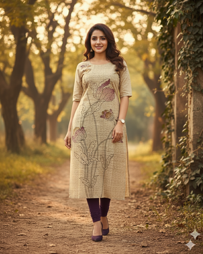Premium Straight Cut Kurti – Wheat Colour with Beautiful Floral Print