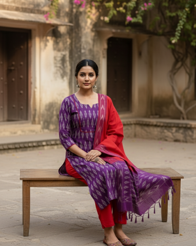 Premium Ikkat 3 Piece Stitched Set – Ready to Wear Kurta, Bottom & Dupatta – Royal Lavender Handloom Ethnic Wear