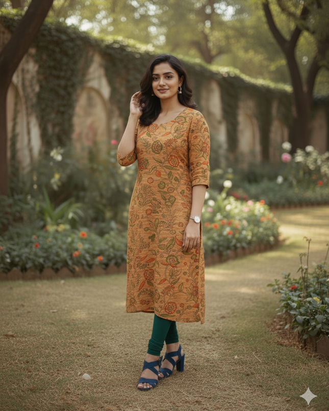 Premium Cotton Straight Cut Kurti – Fiery Orange Floral Print Design