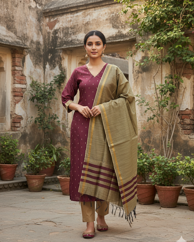 Raw Silk 3pc KurtiSet With Onion Pink Colour Full Length Lining | Gold Dupatta