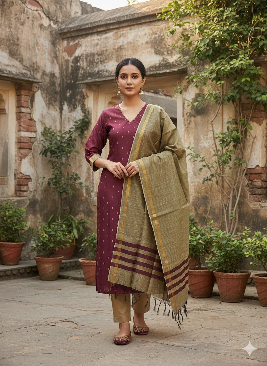 Raw Silk 3pc KurtiSet With Onion Pink Colour Full Length Lining | Gold Dupatta