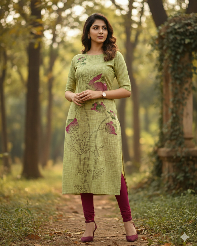 Premium Straight Cut Kurti – Pesara Green Colour with Beautiful Floral Print