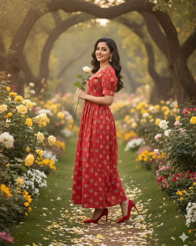 Premium Mul Cotton Frock Red – Puff Sleeve Design with Knots, Zero Shrinkage