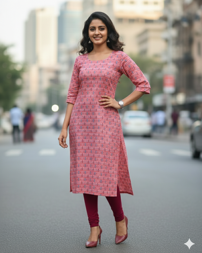 Premium Straight Cut Kurti – Pink Colour with Beautiful Floral Print