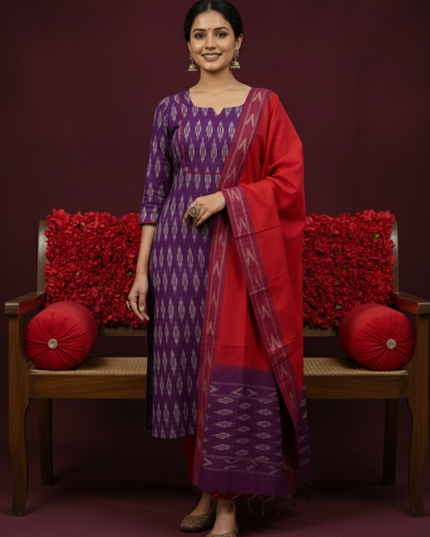 Premium Ikkat 3 Piece Stitched Set – Ready to Wear Kurta, Bottom & Dupatta – Royal Lavender Handloom Ethnic Wear