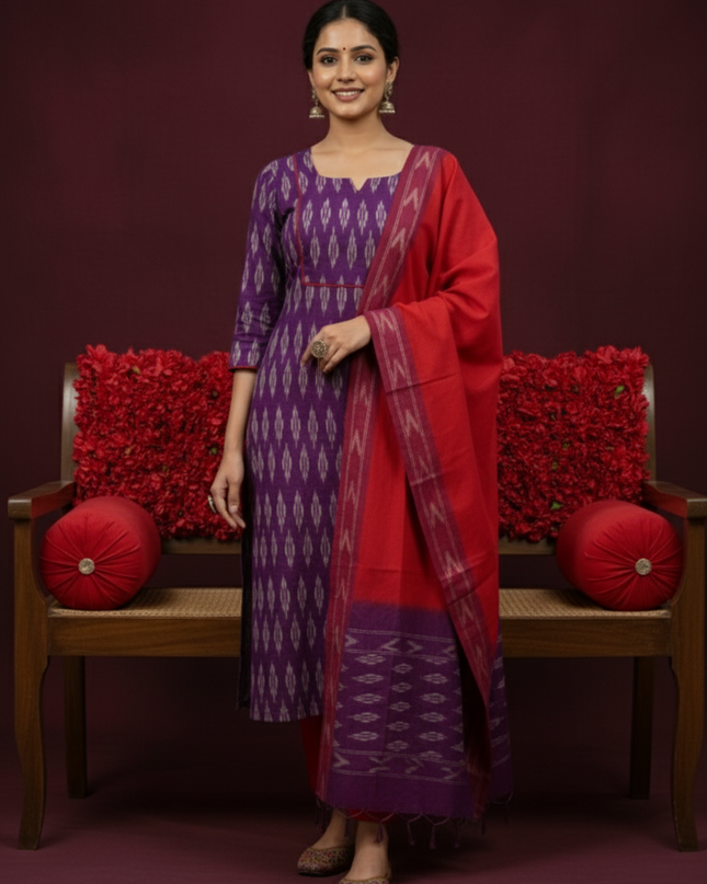 Premium Ikkat 3 Piece Stitched Set – Ready to Wear Kurta, Bottom & Dupatta – Royal Lavender Handloom Ethnic Wear