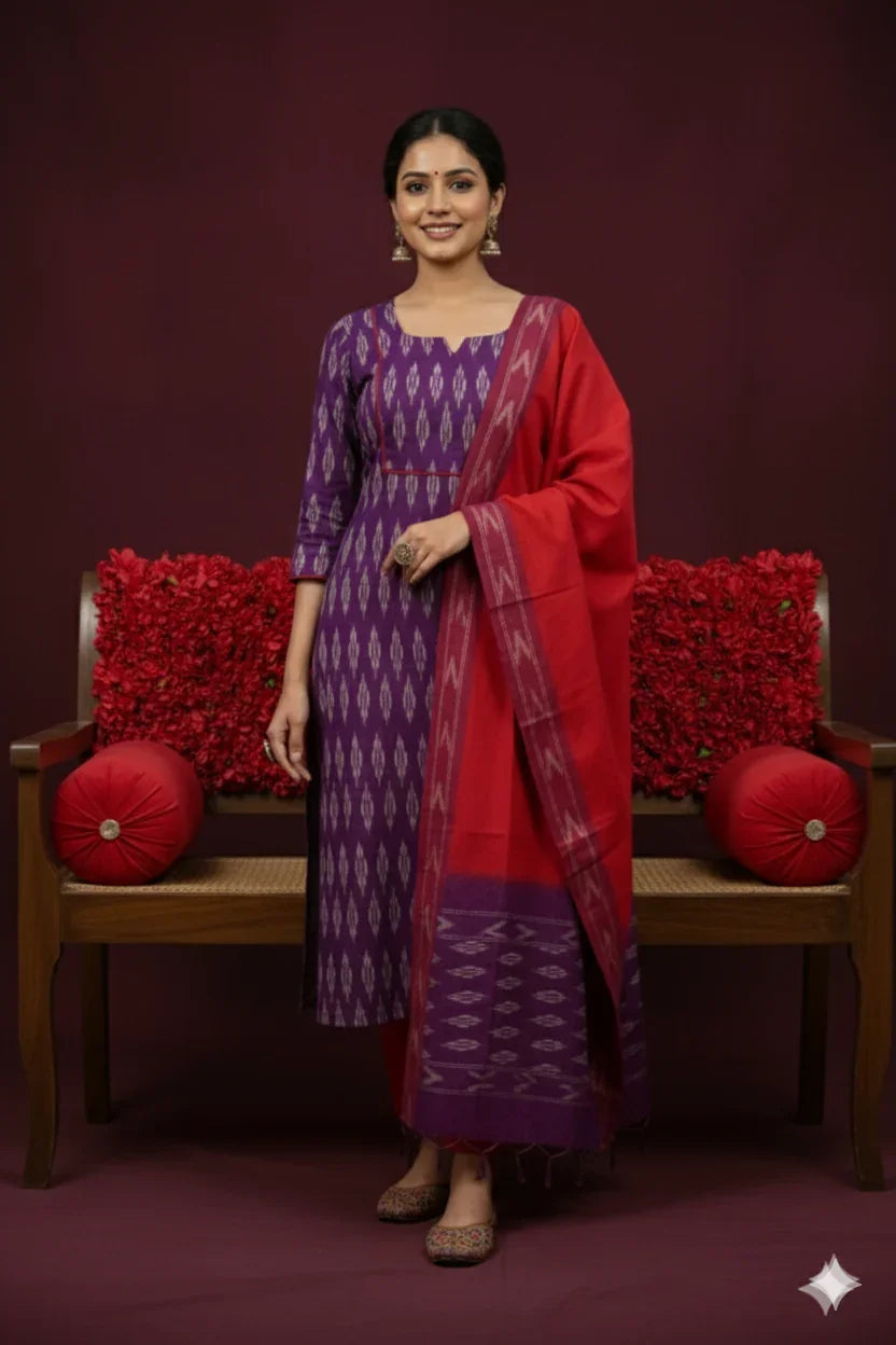 Premium Ikkat 3 Piece Stitched Set – Ready to Wear Kurta, Bottom & Dupatta – Royal Lavender Handloom Ethnic Wear