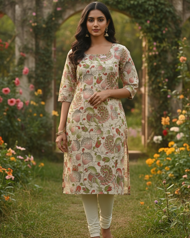 Premium Cotton Straight Cut Kurti Biscuit – Elegant Floral Print Design