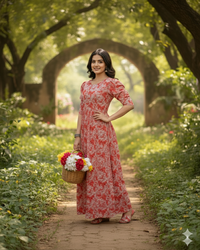 Premium Mul Cotton Frock Brunt Red – Puff Sleeve Design with Knots, Zero Shrinkage