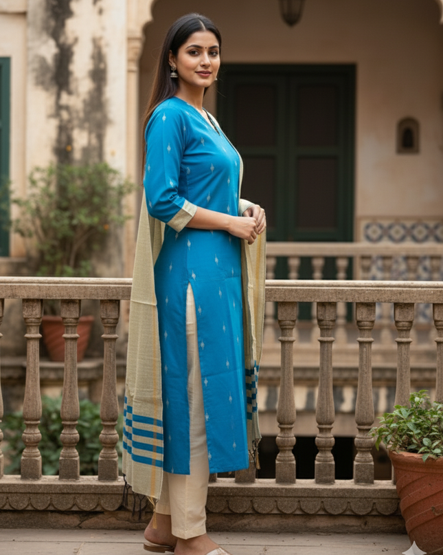 Raw Silk 3pc KurtiSet With Sky Blue Colour Full Length Lining | Gold Dupatta