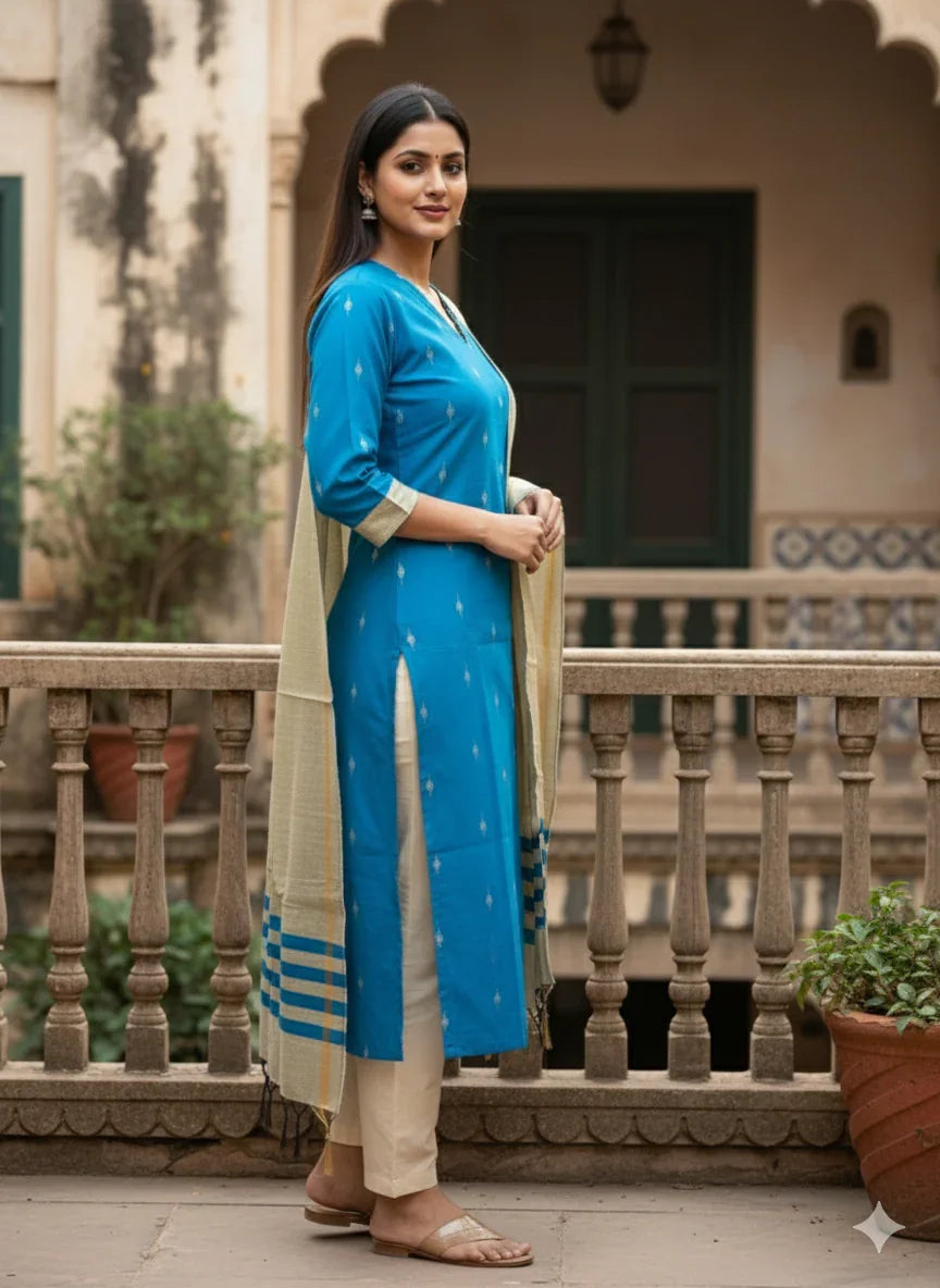 Raw Silk 3pc KurtiSet With Sky Blue Colour Full Length Lining | Gold Dupatta