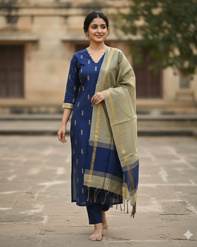 Raw Silk 3pc KurtiSet With Blue Colour Full Length Lining | Gold Dupatta