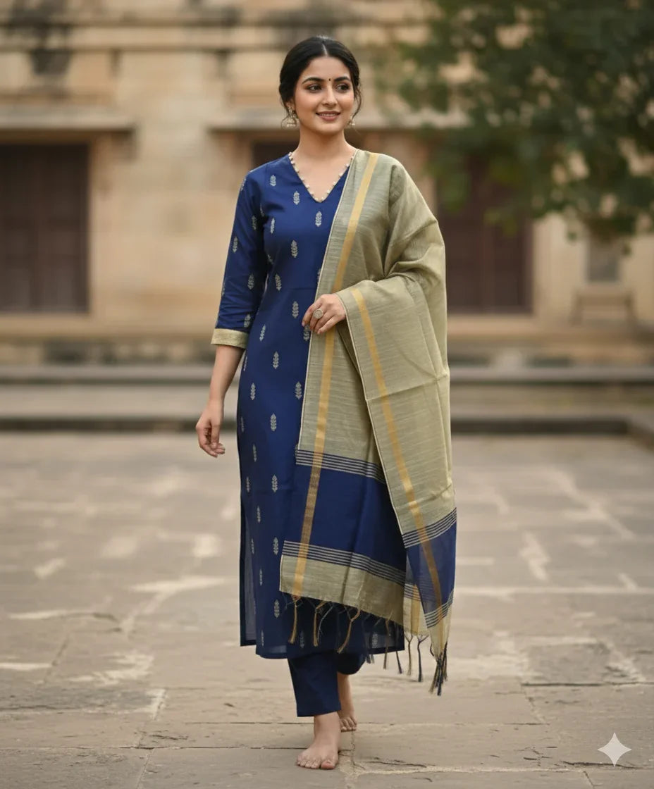 Raw Silk 3pc KurtiSet With Blue Colour Full Length Lining | Gold Dupatta