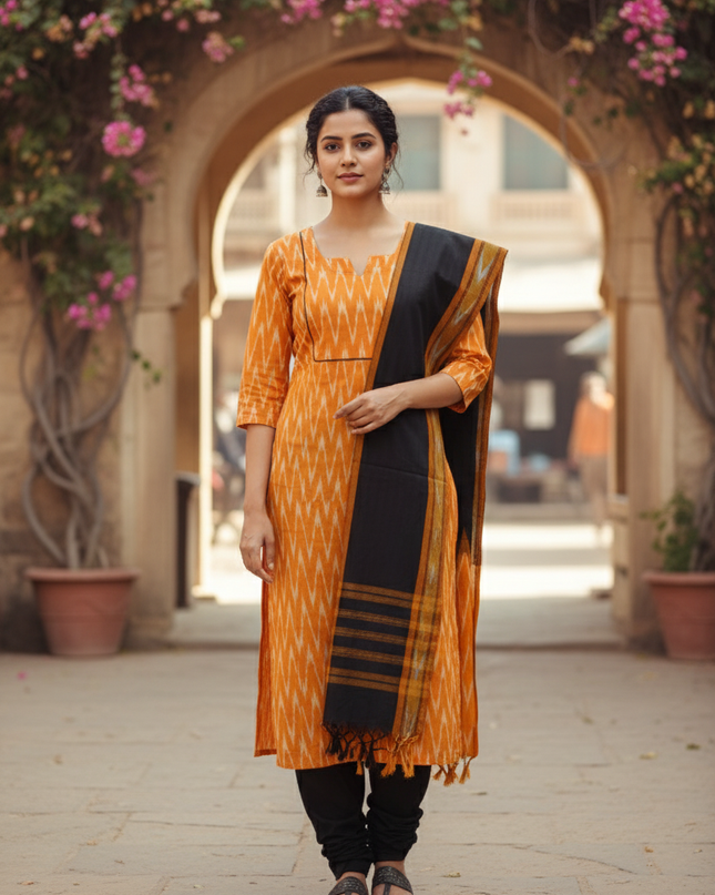 Premium Ikkat 3 Piece Stitched Set – Ready to Wear Kurta, Bottom & Dupatta – Yellow Handloom Ethnic Wear