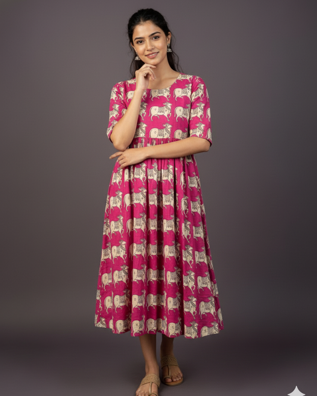 Kalamkari Pichwai Cow Design Frock – Pink Colour | Handloom Ethnic Wear with Half Lining
