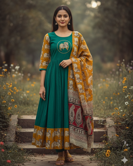Premium 2-Piece Frock Set Emerald Green Colour – Bhavana Originals Exclusive