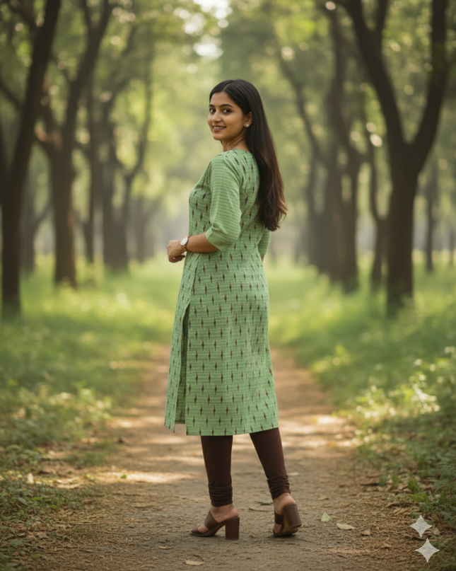 Premium Straight Cut Kurti – Leaf Green Colour with Beautiful Floral Print