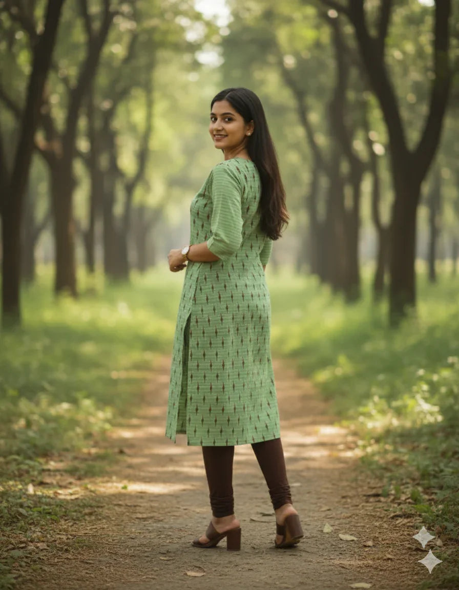 Premium Straight Cut Kurti – Leaf Green Colour with Beautiful Floral Print